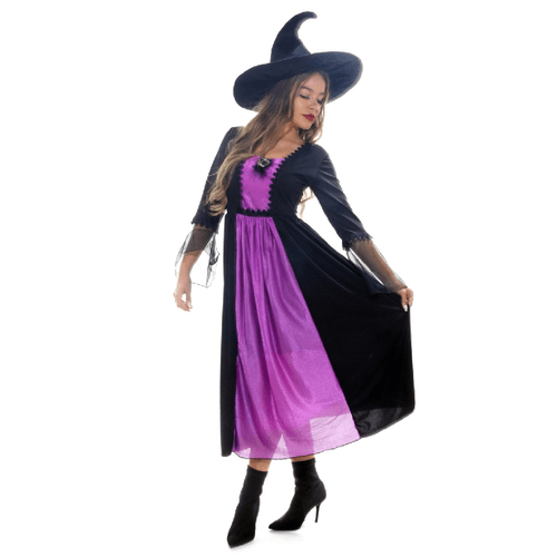 Fantasia Bruxa Roxa Vestido Adulto e Infantil com Chapéu - Halloween